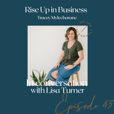 Lisa Turner, wearing a green top and blue skirt on a podcast cover image titled rise up in business.