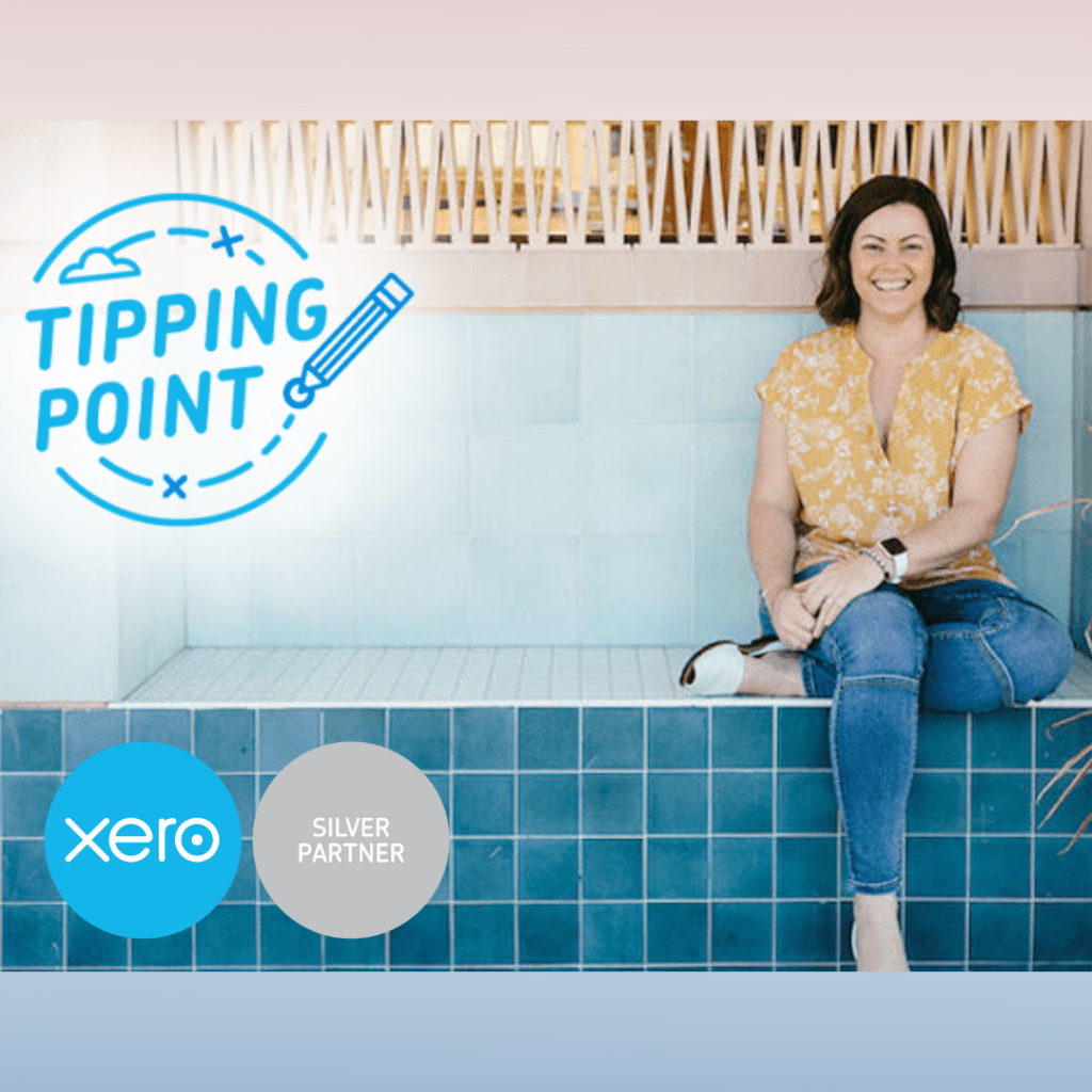 A tile for the Tipping Point article with Lisa Turner pictured sitting on a bench in a yellow blouse. Xero and SIlver Partner written below.