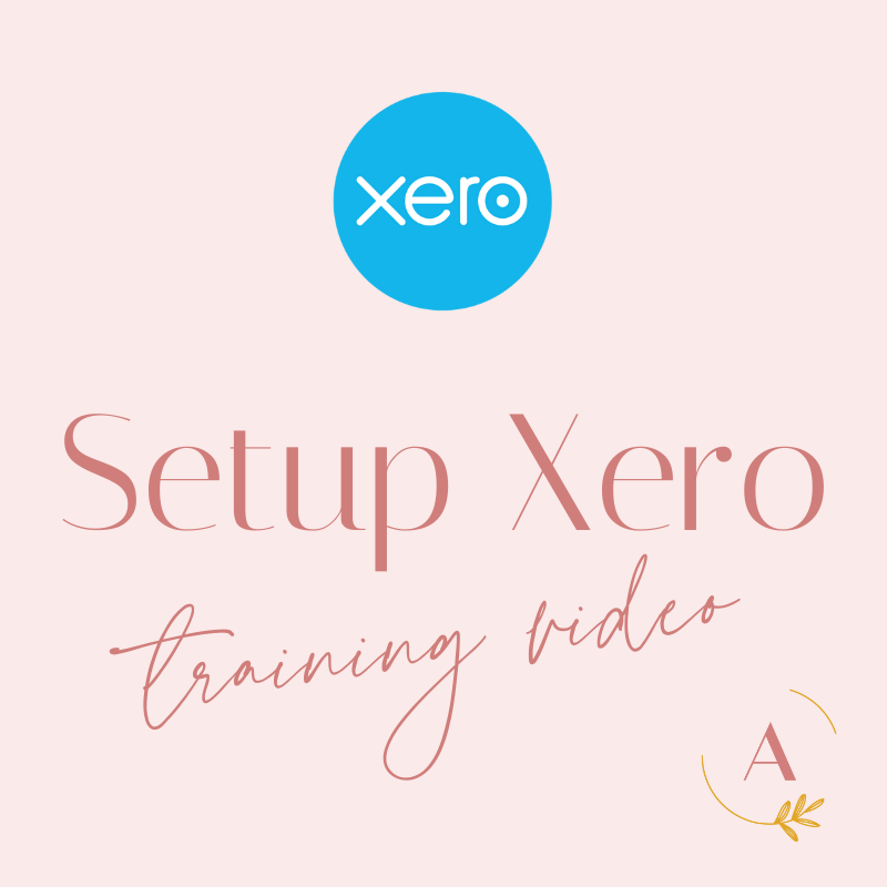 Setup Xero Training Video text, blue Xero logo and pink letter A with gold circle logo