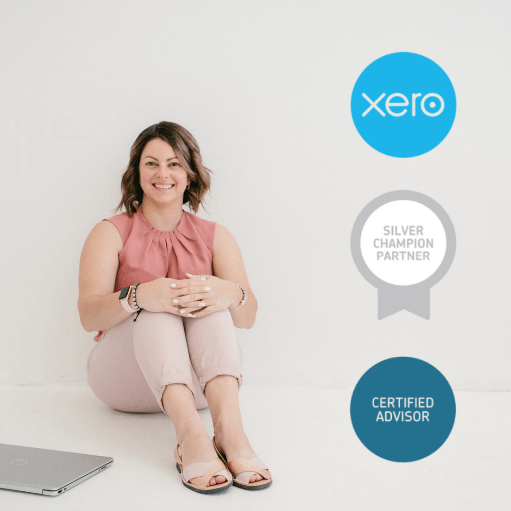 lisa turner sitting on the ground with a white background, silver laptop to the side. with overlay of blue xero circle logo, silver champion partner logo and teal certified advisor stamp