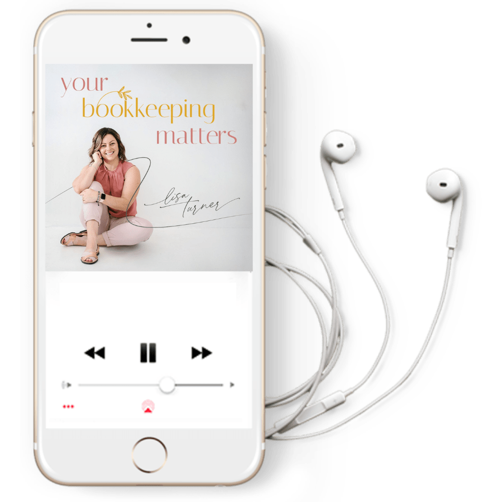 iphone with headphones displaying your bookkeeping matters podcast on screen