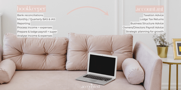 Pink couch with laptop on it with text overlay of different tasks bookkeepers & accountants do,