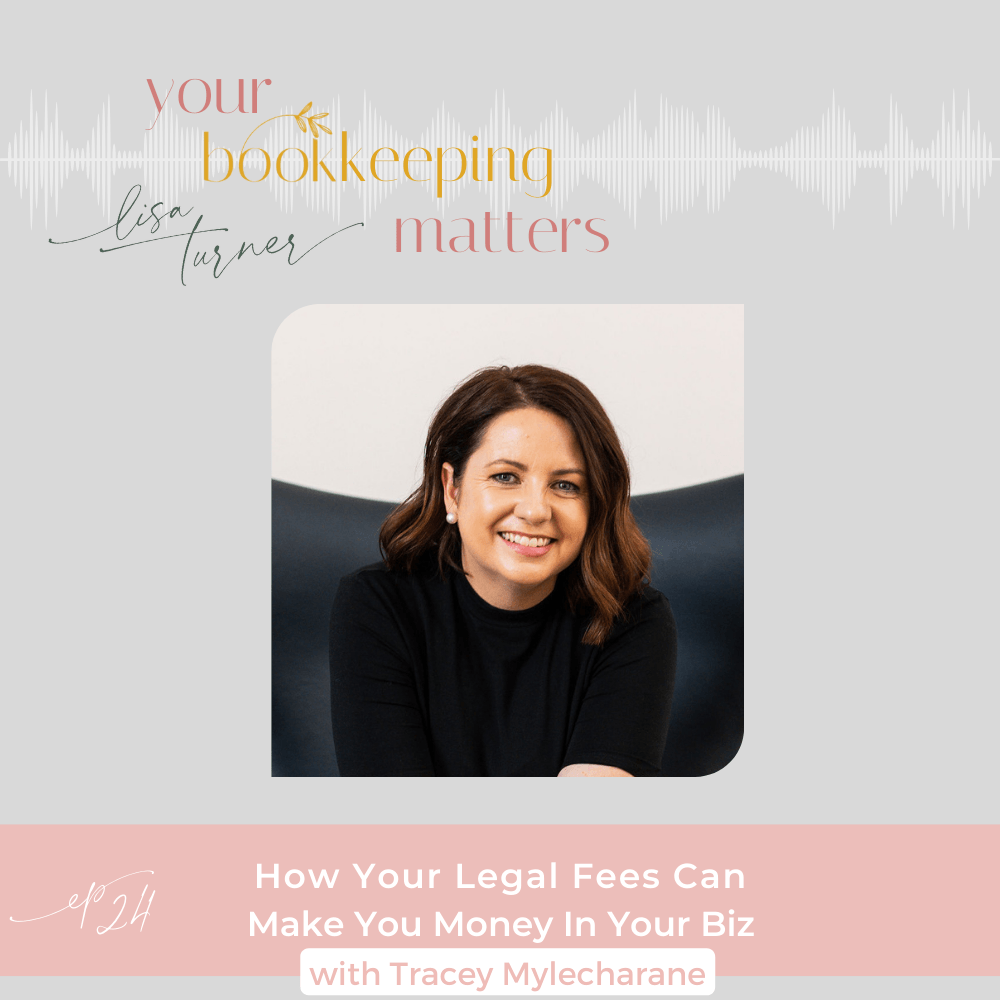 Tracey Mylecharane in a black shirt on a black chair on the the cover tile of E24 of the Your Bookkeeping Matters Podcast