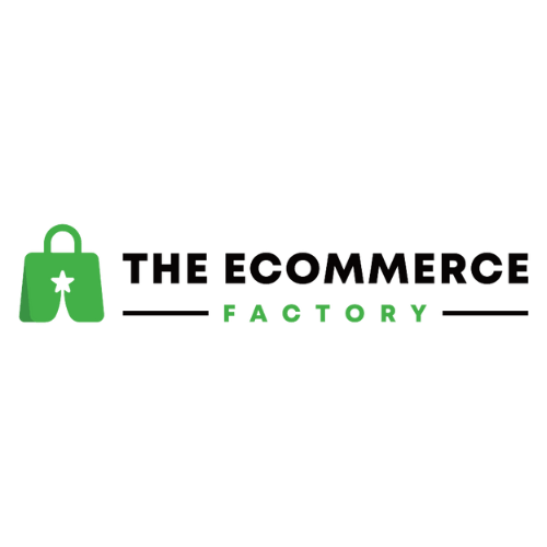 The Ecommerce Factory text stacked logo in green and black with a green bag symbol to the side