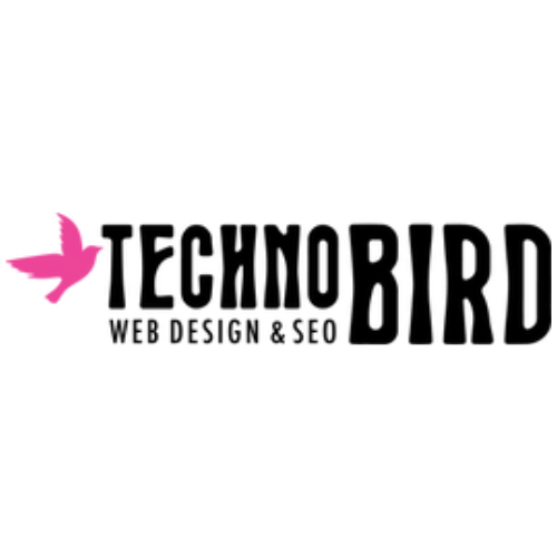 Techno bird black text logo with pink bird