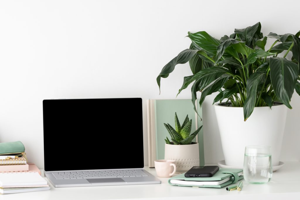 Work desk with an open laptop and a stack of green, cream and pink notebooks and a black phone against a white wall with a green plant and glass of water. 